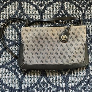 Dooney & Bourke Monogram Slim Bag Grey Canvas Black Leather Trim Purse Vintage